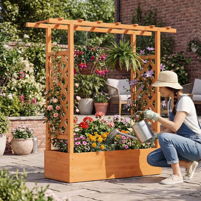 45 inch Tall Wooden Raised Garden Bed with Side Trellis and Hanging Roof-Orange - Orange - Raised Garden Beds