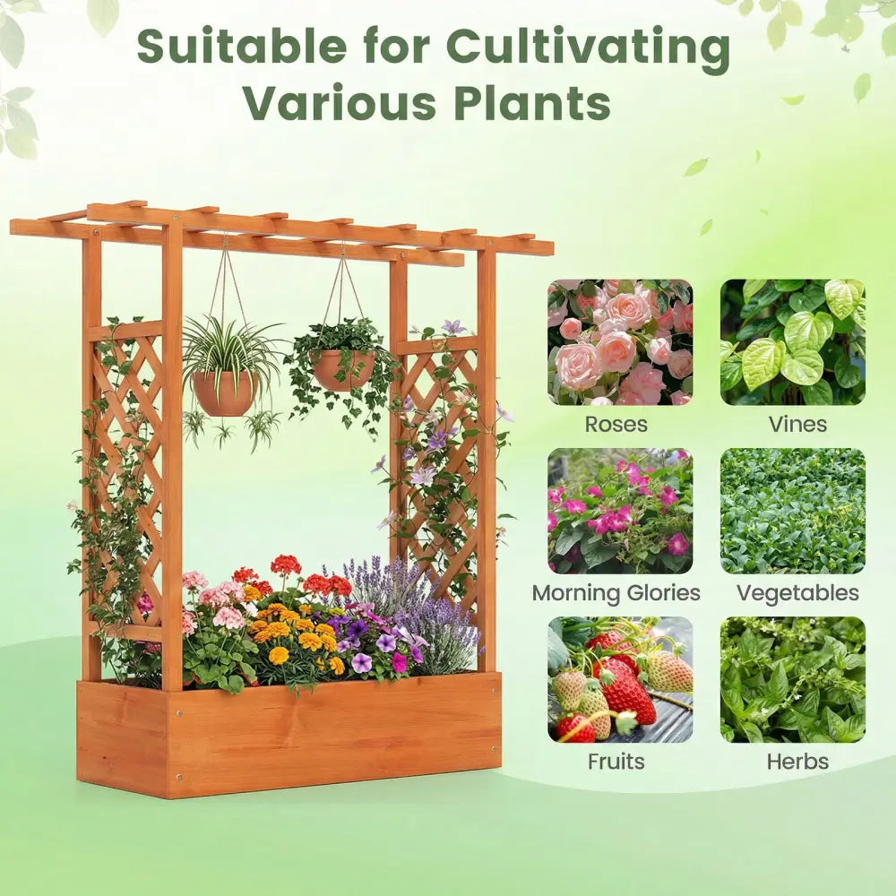 45 inch Tall Wooden Raised Garden Bed with Side Trellis and Hanging Roof-Orange - Orange - Raised Garden Beds