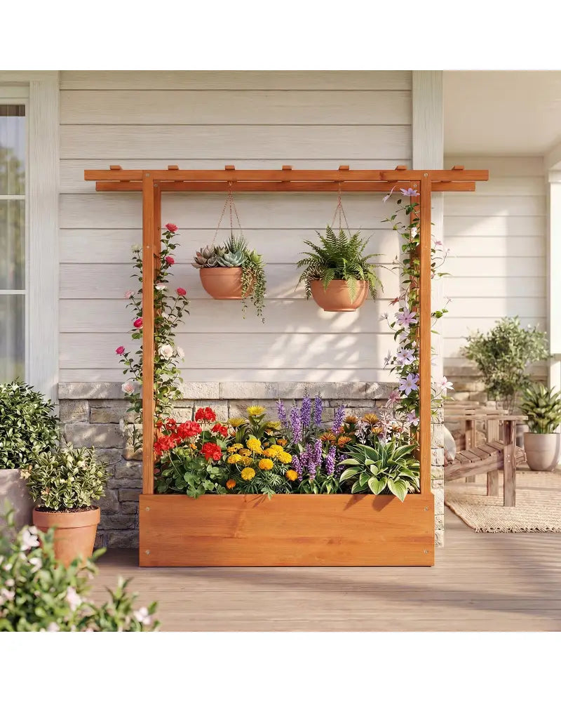 45 inch Tall Wooden Raised Garden Bed with Side Trellis and Hanging Roof-Orange - Orange - Raised Garden Beds