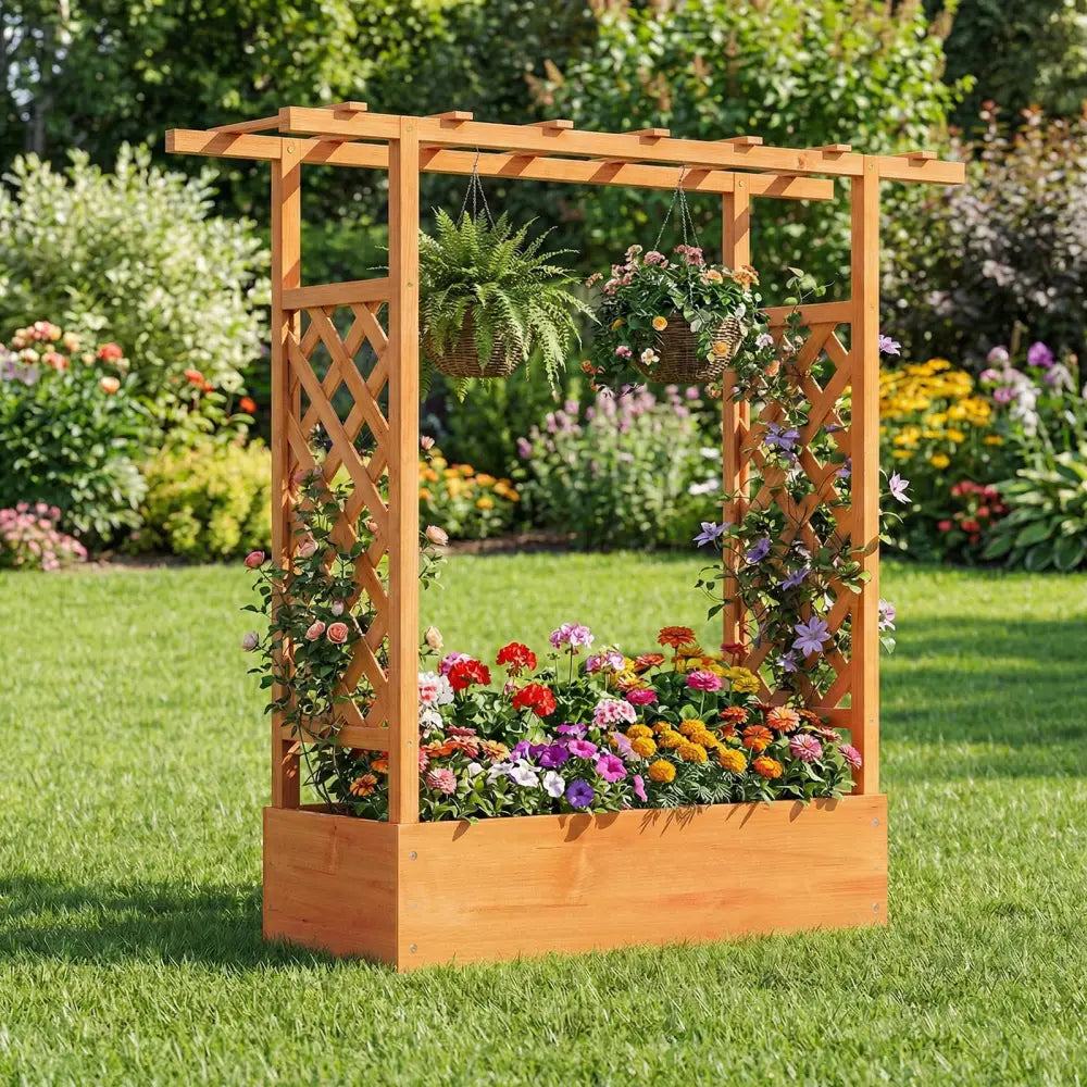 45 inch Tall Wooden Raised Garden Bed with Side Trellis and Hanging Roof-Orange - Orange - Raised Garden Beds