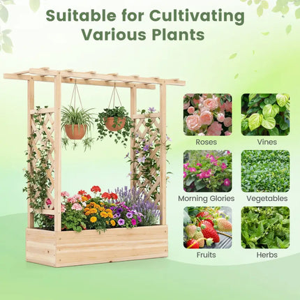 45 inch Tall Wooden Raised Garden Bed with Side Trellis and Hanging Roof-Natural - Natural - Raised Garden Beds