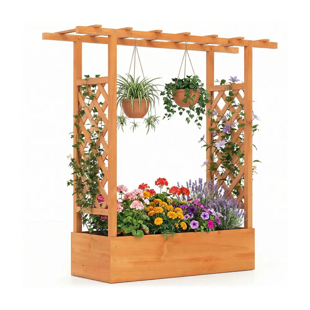 45 inch Tall Wooden Raised Garden Bed with Side Trellis and Hanging Roof-Orange - Orange - Raised Garden Beds