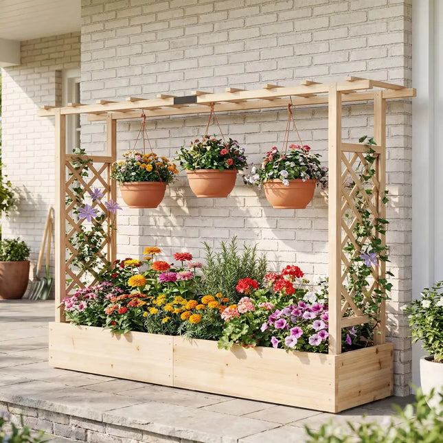 45 Inch Tall Wooden Raised Garden Bed with Side Trellis and Hanging Roof Drainage Holes-Natural - Natural - Raised