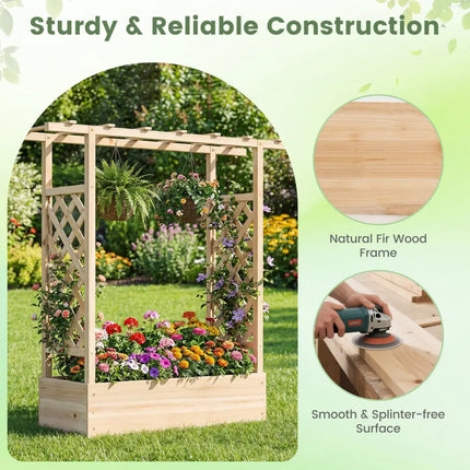 45 inch Tall Wooden Raised Garden Bed with Side Trellis and Hanging Roof-Natural - Natural - Raised Garden Beds