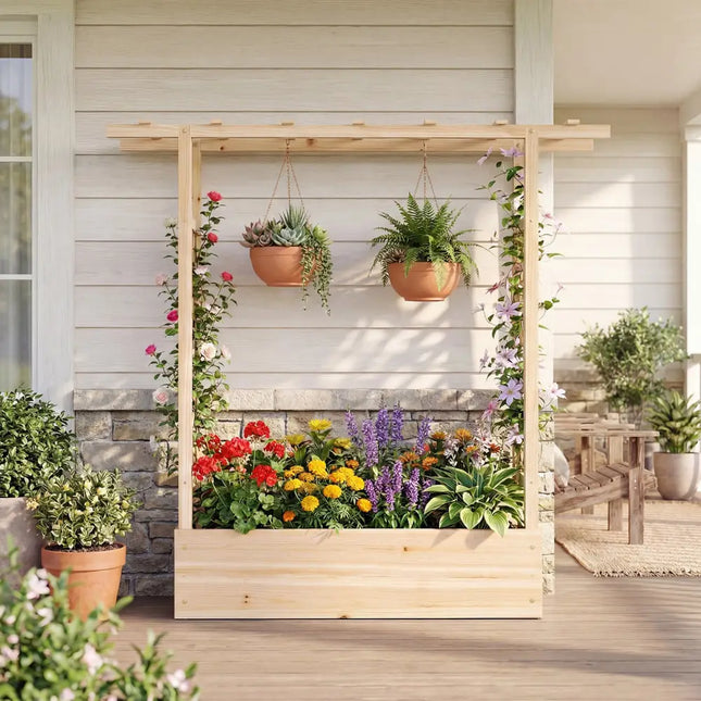 45 inch Tall Wooden Raised Garden Bed with Side Trellis and Hanging Roof-Natural - Natural - Raised Garden Beds