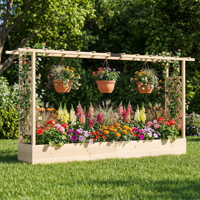 45 Inch Tall Wooden Raised Garden Bed with Side Trellis and Hanging Roof Drainage Holes-Natural - Natural - Raised