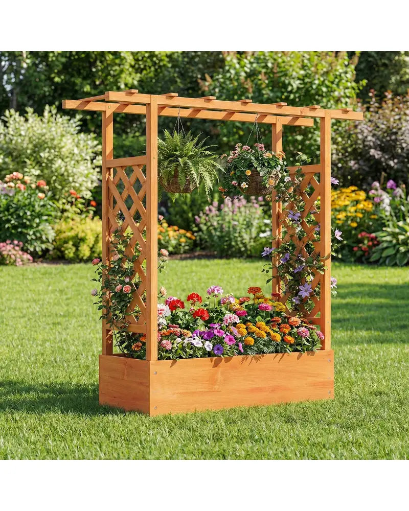 45 inch Tall Wooden Raised Garden Bed with Side Trellis and Hanging Roof-Orange - Orange - Raised Garden Beds