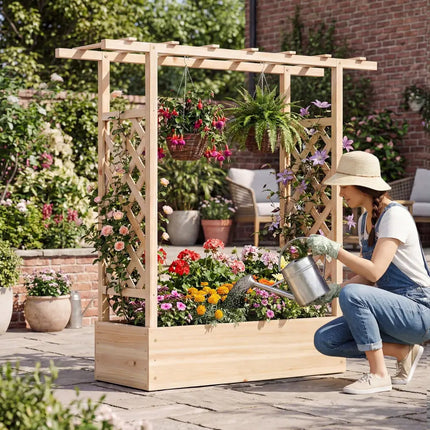 45 inch Tall Wooden Raised Garden Bed with Side Trellis and Hanging Roof-Natural - Natural - Raised Garden Beds