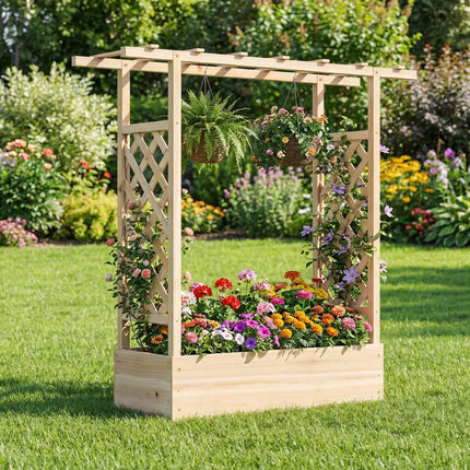 45 inch Tall Wooden Raised Garden Bed with Side Trellis and Hanging Roof-Natural - Natural - Raised Garden Beds