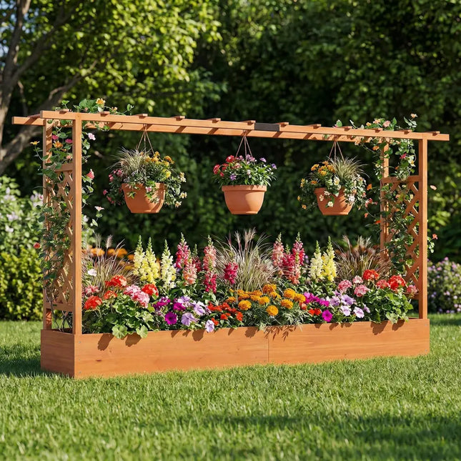 45 Inch Tall Wooden Raised Garden Bed with Side Trellis and Hanging Roof Drainage Holes-Orange - Orange - Raised Garden