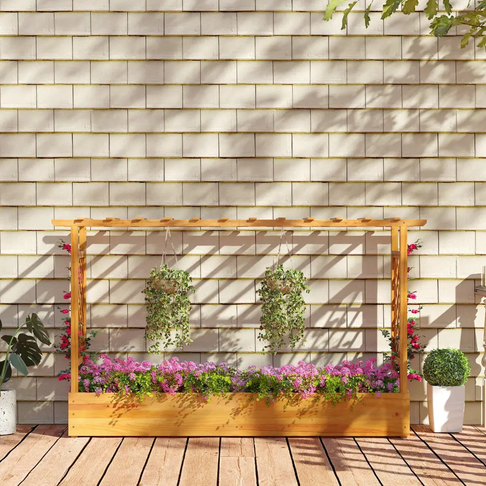 45 Inch Wooden Raised Garden Bed with Lattice Trellis for Outdoor-Natural - Natural - Raised Garden Beds