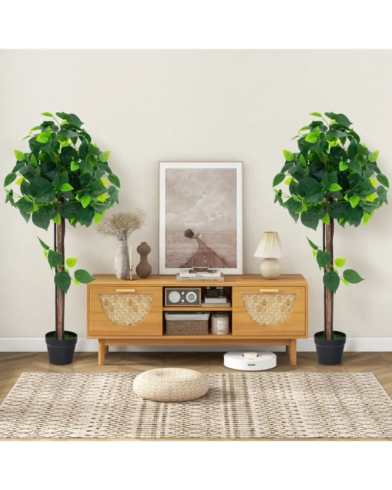 45 Inches Artificial Hydrangea Tree with Real Wood Trunk and Realistic Hydrangea Leaves - Green - Faux Plants