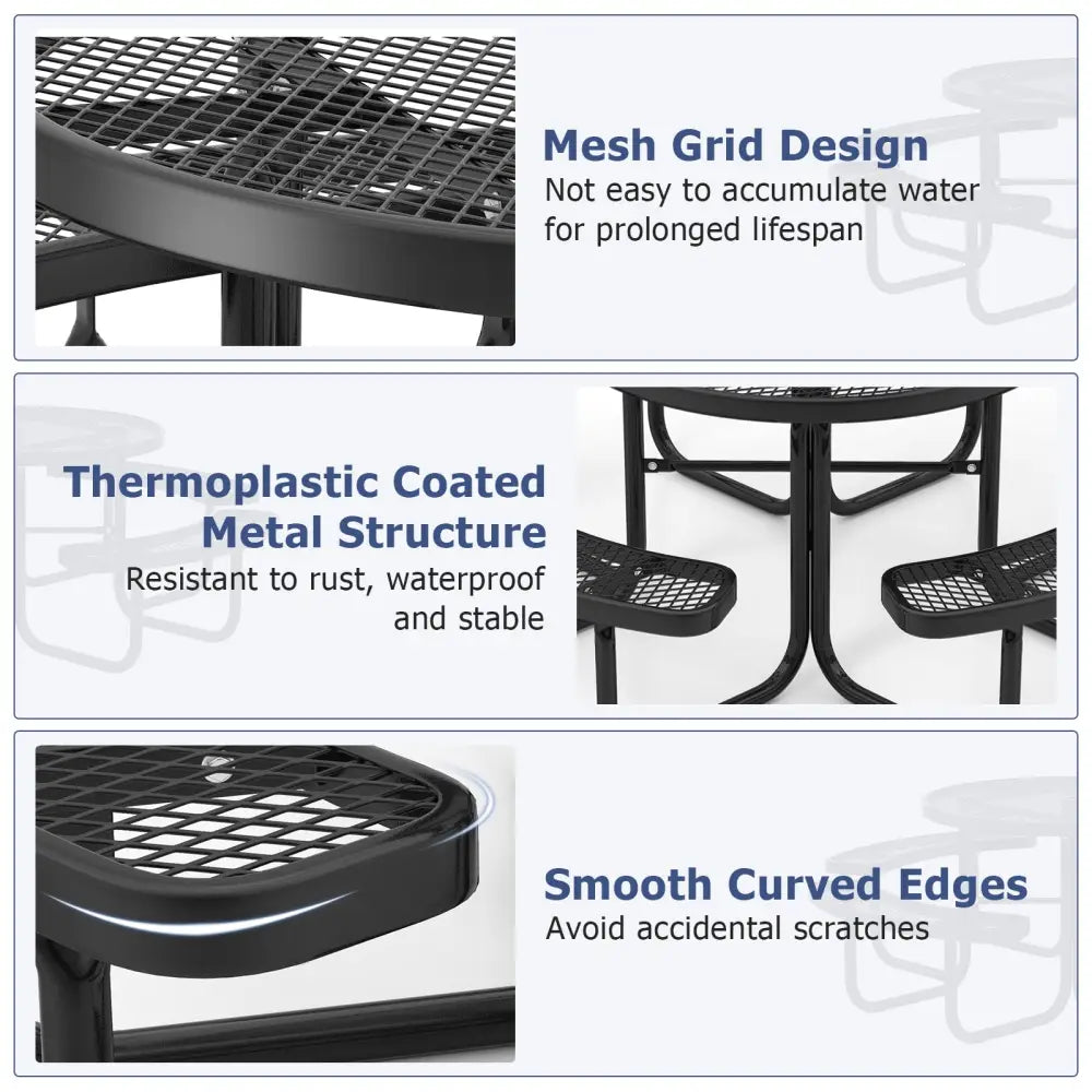 45 Inches Outdoor Round Picnic Table and Bench Set for 8 with Umbrella Hole-Black - Black - Picnic Tables