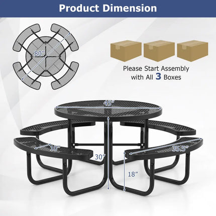 45 Inches Outdoor Round Picnic Table and Bench Set for 8 with Umbrella Hole-Black - Black - Picnic Tables