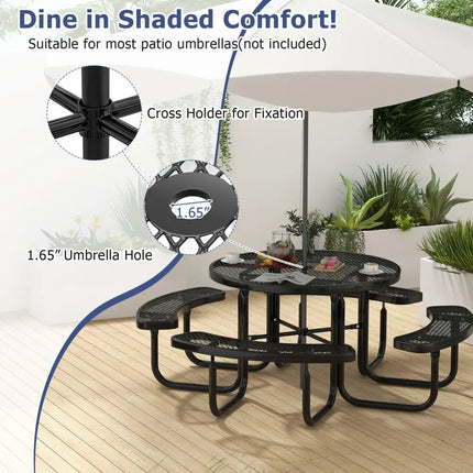 45 Inches Outdoor Round Picnic Table and Bench Set for 8 with Umbrella Hole-Black - Black - Picnic Tables