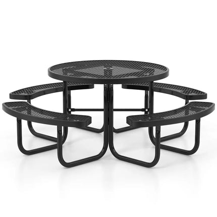 45 Inches Outdoor Round Picnic Table and Bench Set for 8 with Umbrella Hole-Black - Black - Picnic Tables