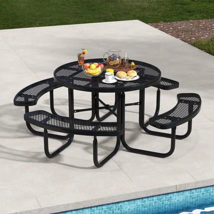 45 Inches Outdoor Round Picnic Table and Bench Set for 8 with Umbrella Hole-Black - Black - Picnic Tables