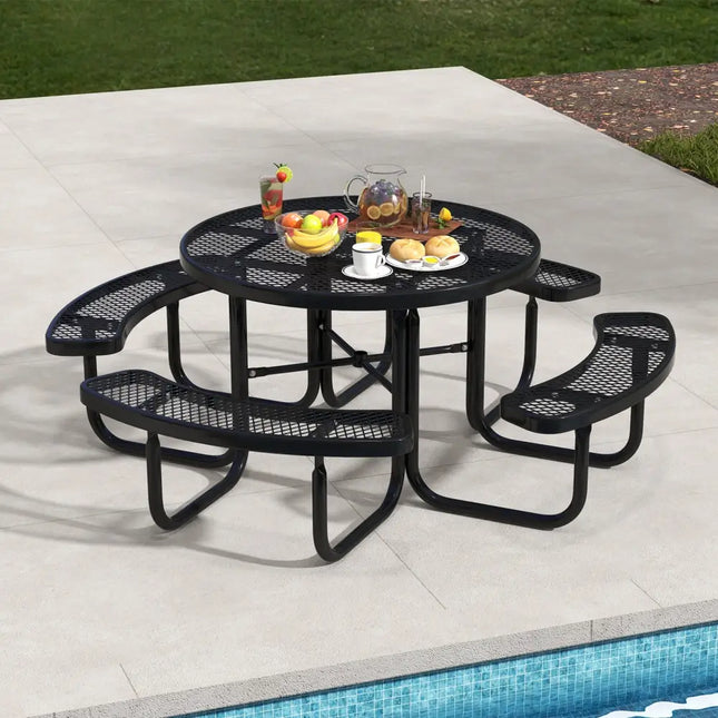 45 Inches Outdoor Round Picnic Table and Bench Set for 8 with Umbrella Hole-Black - Black - Picnic Tables