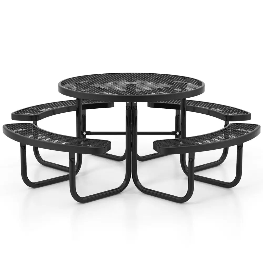 45 Inches Outdoor Round Picnic Table and Bench Set for 8 with Umbrella Hole-Black - Black - Picnic Tables