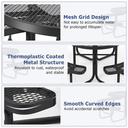45 Inches Outdoor Round Picnic Table and Bench Set for 8 with Umbrella Hole-Black - Black - Picnic Tables