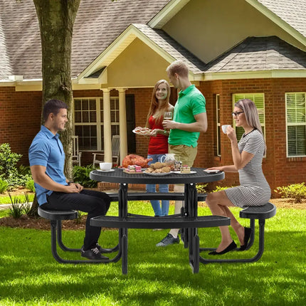45 Inches Outdoor Round Picnic Table and Bench Set for 8 with Umbrella Hole-Black - Black - Picnic Tables