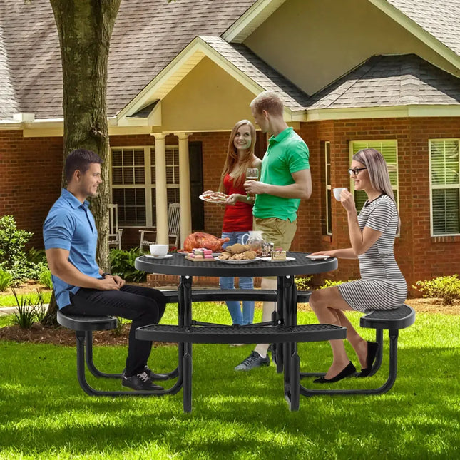 45 Inches Outdoor Round Picnic Table and Bench Set for 8 with Umbrella Hole-Black - Black - Picnic Tables