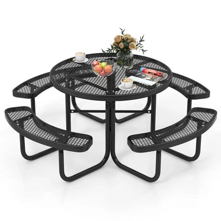 45 Inches Outdoor Round Picnic Table and Bench Set for 8 with Umbrella Hole-Black - Black - Picnic Tables