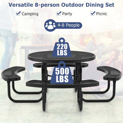 45 Inches Outdoor Round Picnic Table and Bench Set for 8 with Umbrella Hole-Black - Black - Picnic Tables