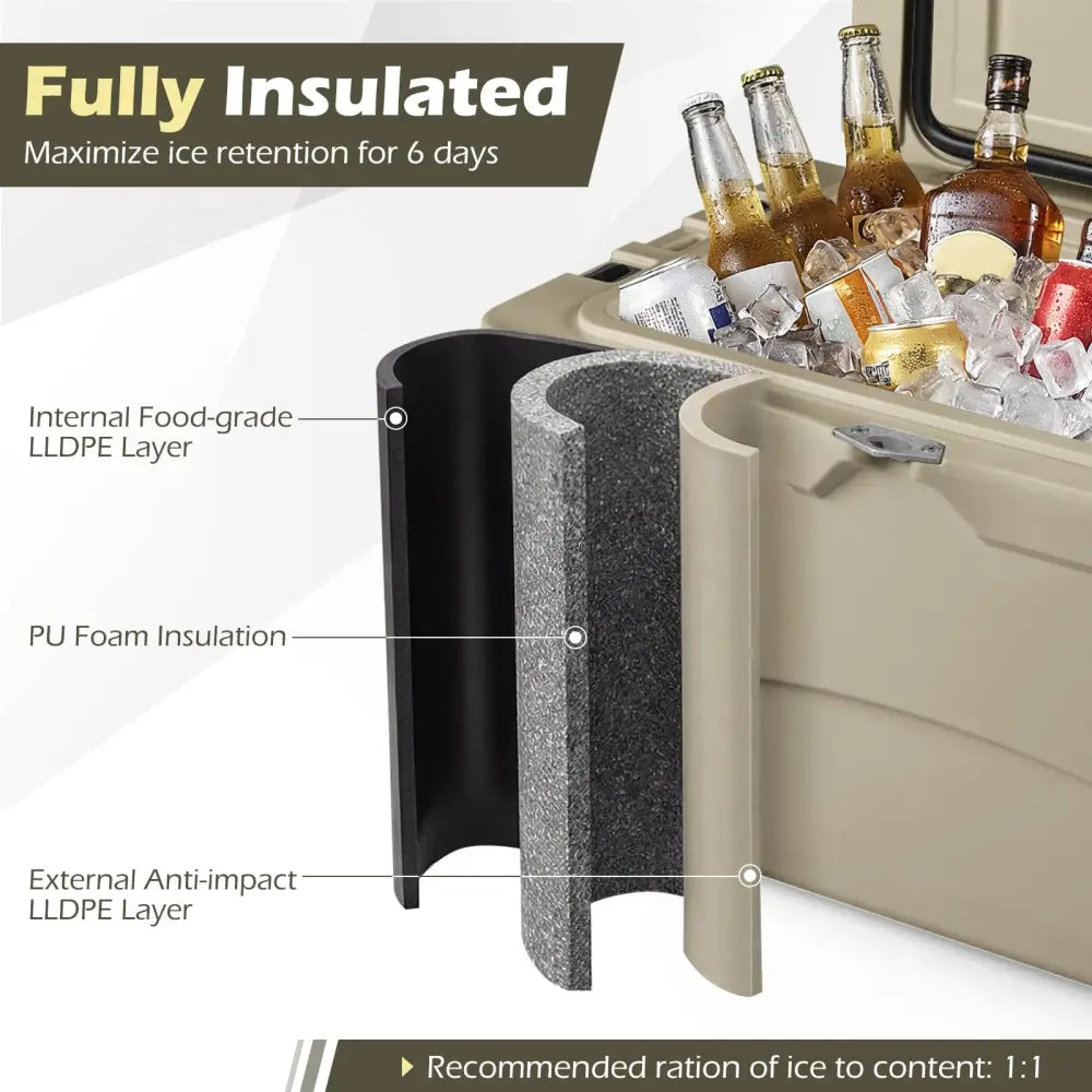 45 Quart Portable Hard Cooler Insulated Ice Chest Keeps Cool for up to 6 Days-Khaki - Khaki - Coolers