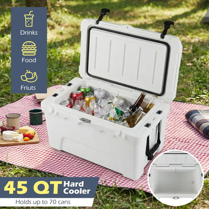45 Quart Portable Hard Cooler Insulated Ice Chest Keeps Cool for up to 6 Days-White - White - Coolers