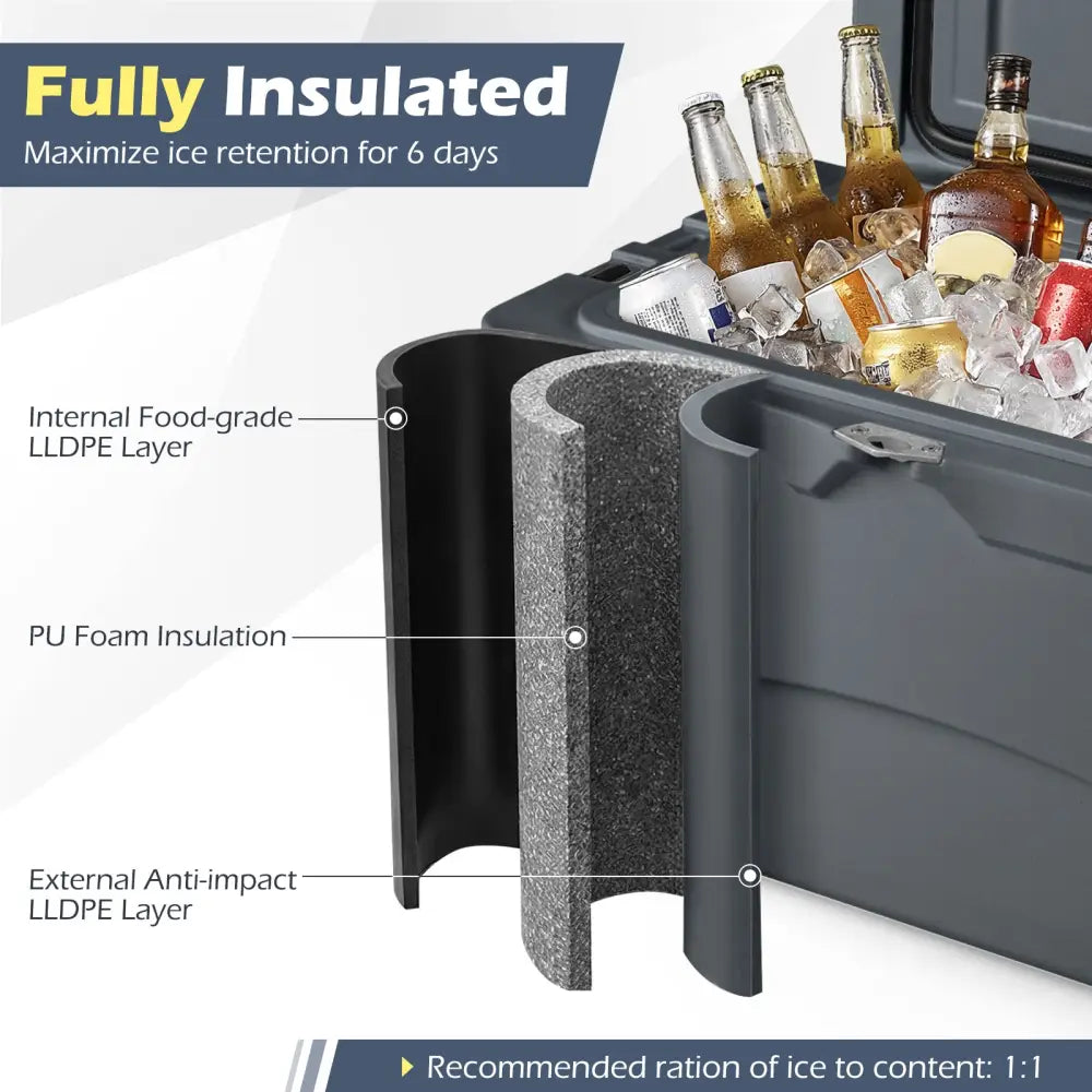 45 Quart Portable Hard Cooler Insulated Ice Chest Keeps Cool for up to 6 Days-Gray - Gray - Coolers