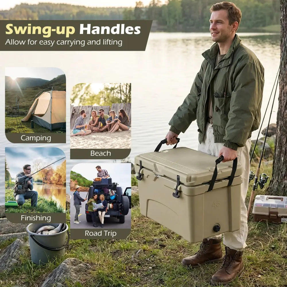 45 Quart Portable Hard Cooler Insulated Ice Chest Keeps Cool for up to 6 Days-Khaki - Khaki - Coolers