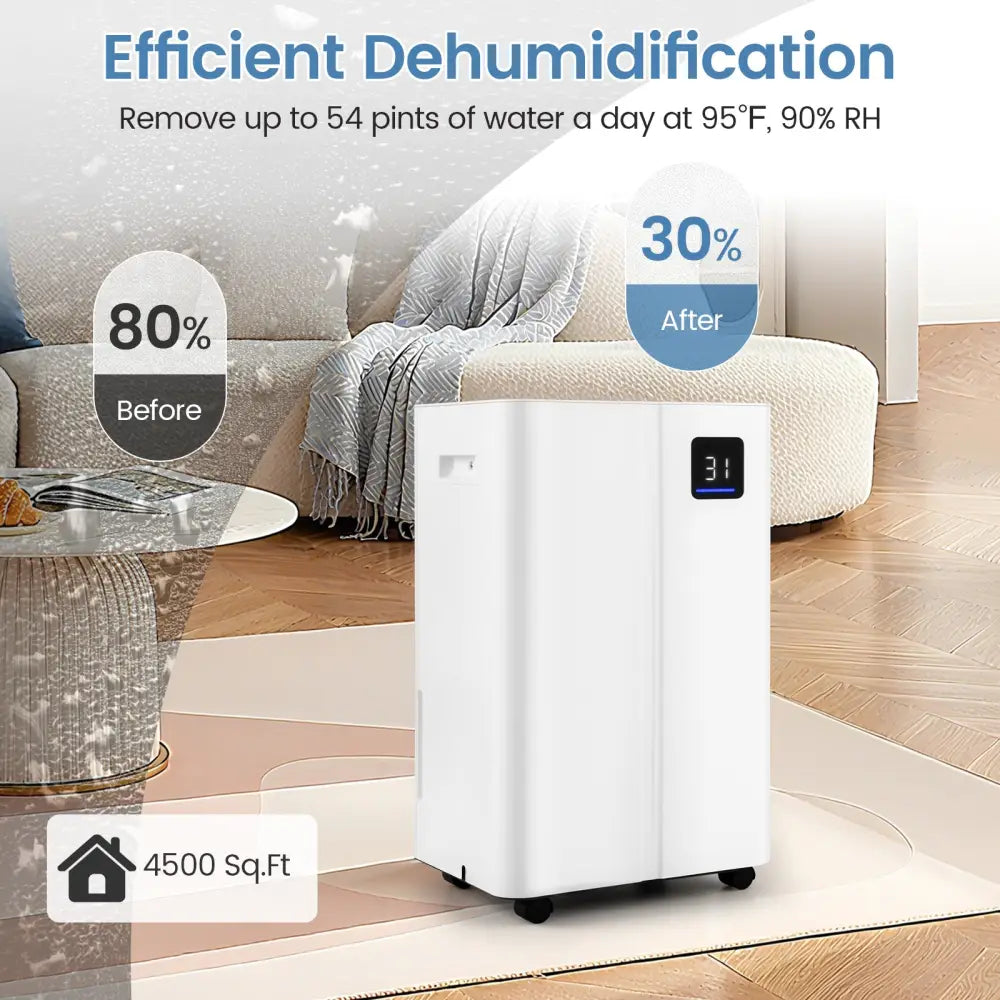 4500 Sq.Ft 54 Pints Dehumidifier with 3 Modesfor Home and Basement-White - White - Dehumidifiers