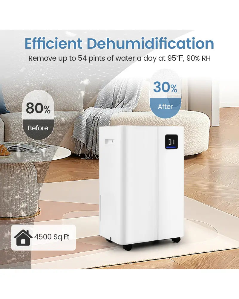 4500 Sq.Ft 54 Pints Dehumidifier with 3 Modesfor Home and Basement-White - White - Dehumidifiers