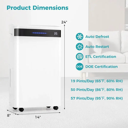 4500 Sq. Ft 57 Pint Dehumidifier for Home and Basement-White Costway