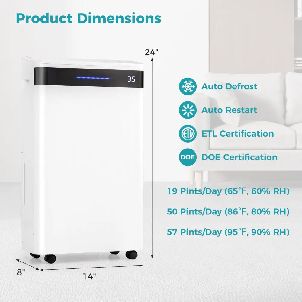 4500 Sq. Ft 57 Pint Dehumidifier for Home and Basement-White - White - Dehumidifiers