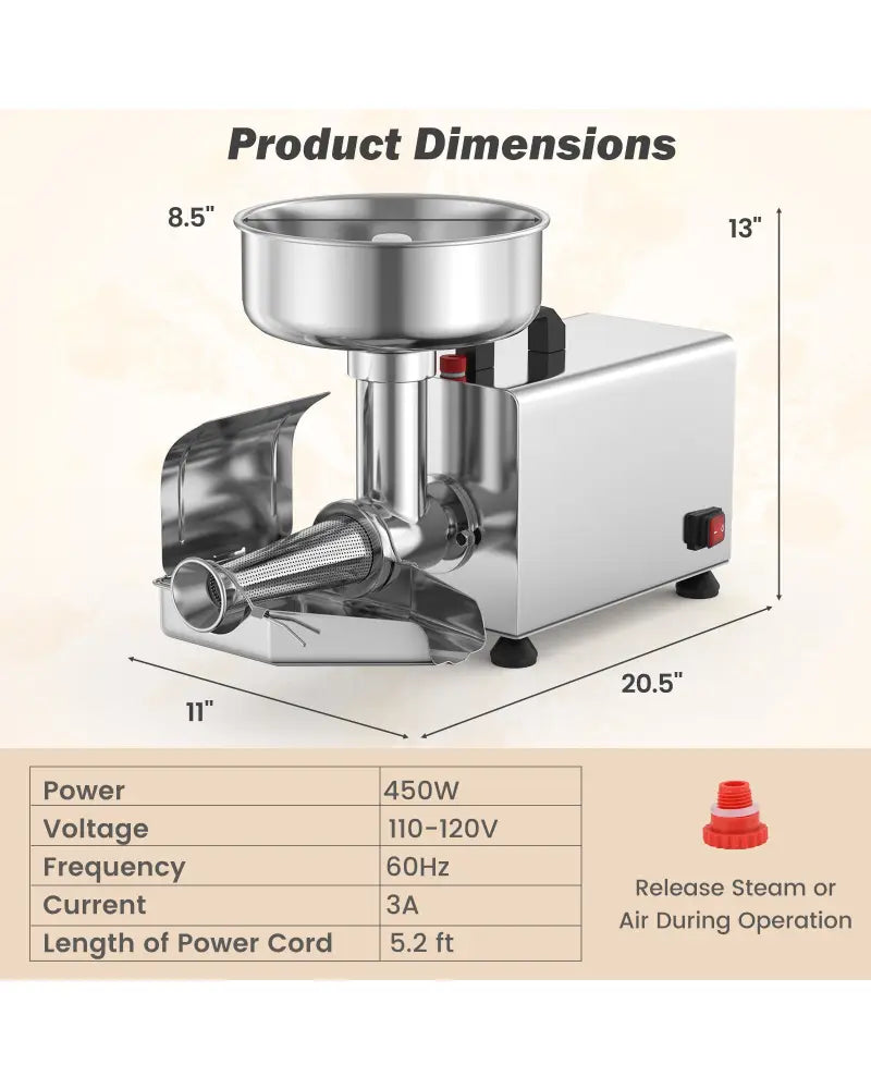 450W Electric Tomato Strainer Commercial Grade Food Mill Stainless Steel Sauce Maker - Silver - Food Grinders & Mills