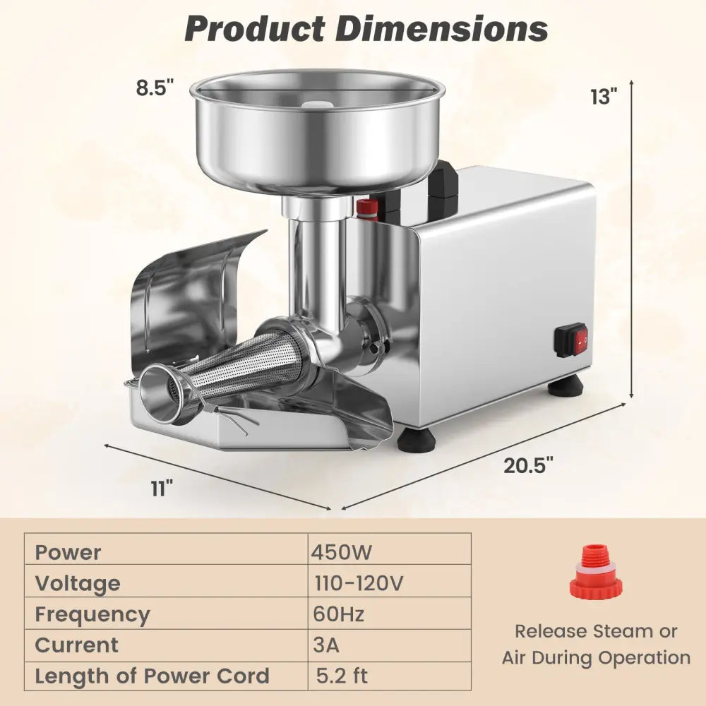 450W Electric Tomato Strainer Commercial Grade Food Mill Stainless Steel Sauce Maker - Silver - Food Grinders & Mills