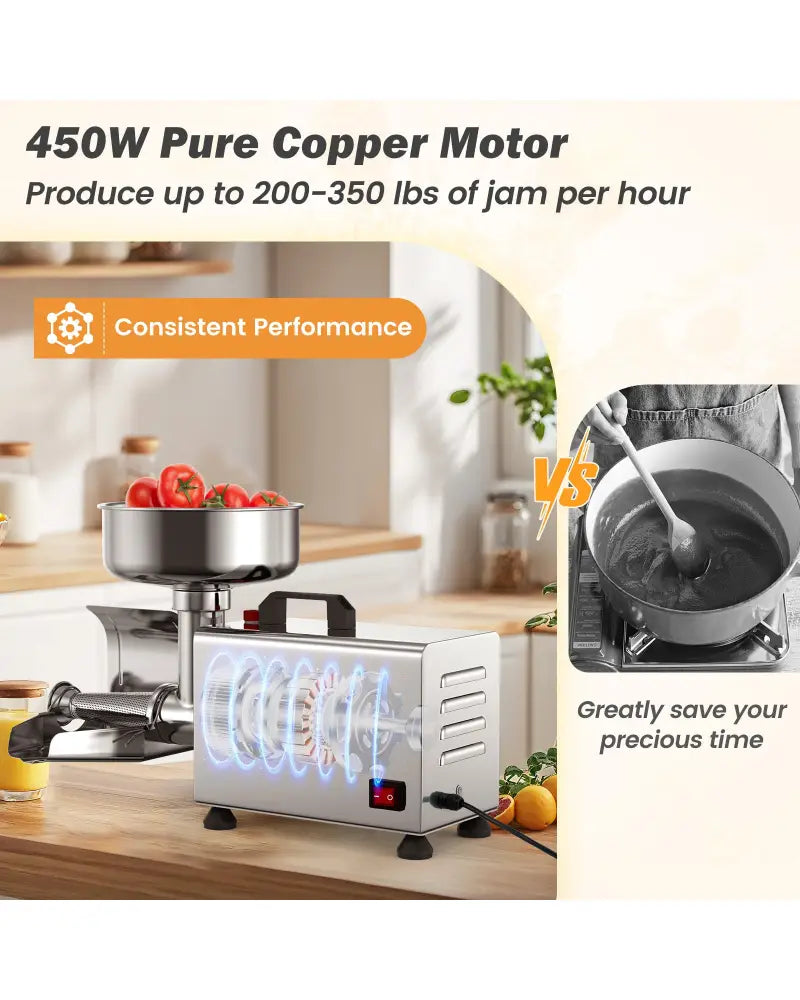 450W Electric Tomato Strainer Commercial Grade Food Mill Stainless Steel Sauce Maker - Silver - Food Grinders & Mills