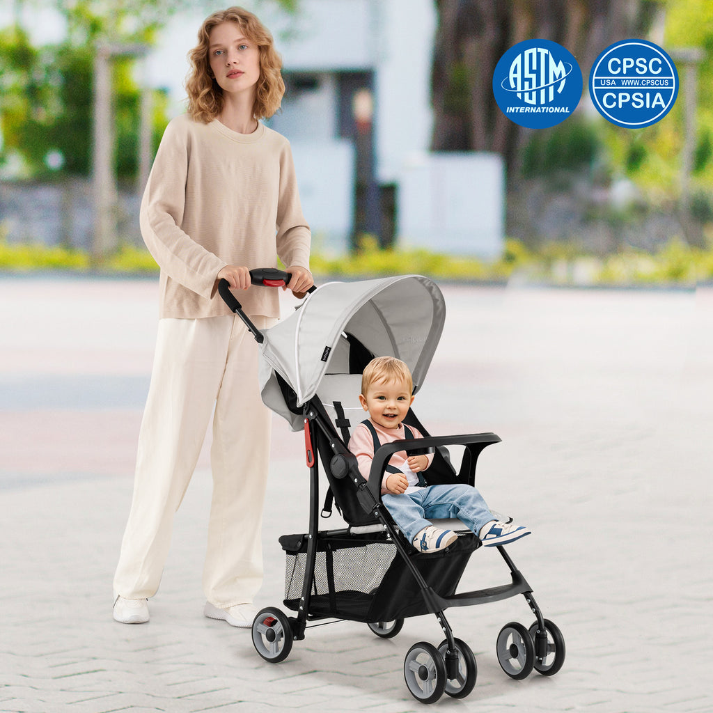 Toddler Travel Stroller for Airplane with Canopy and Adjustable Backrest-Gray