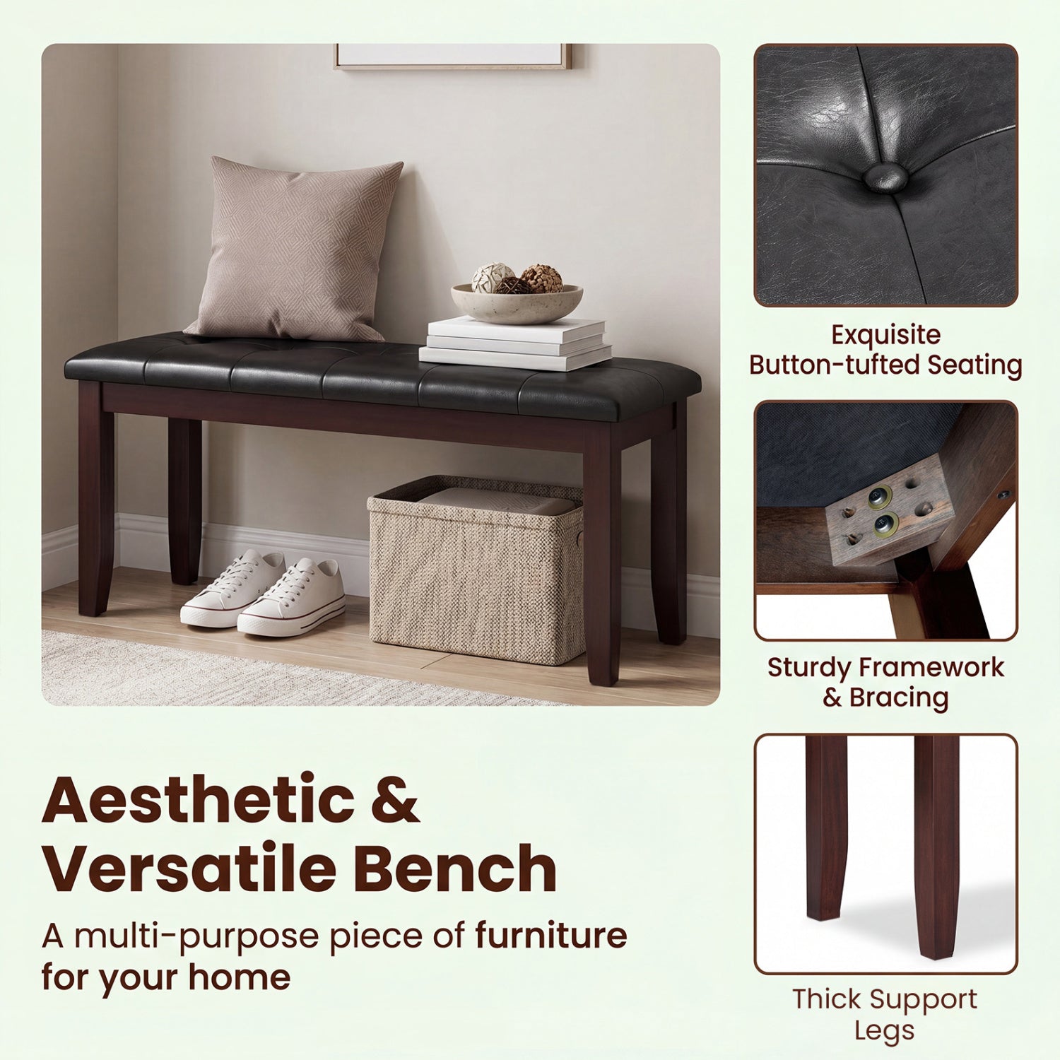 45.5" PU Leather Upholstered Bench with Soft Padded Seat and Strong Rubber Wood Legs-Brown