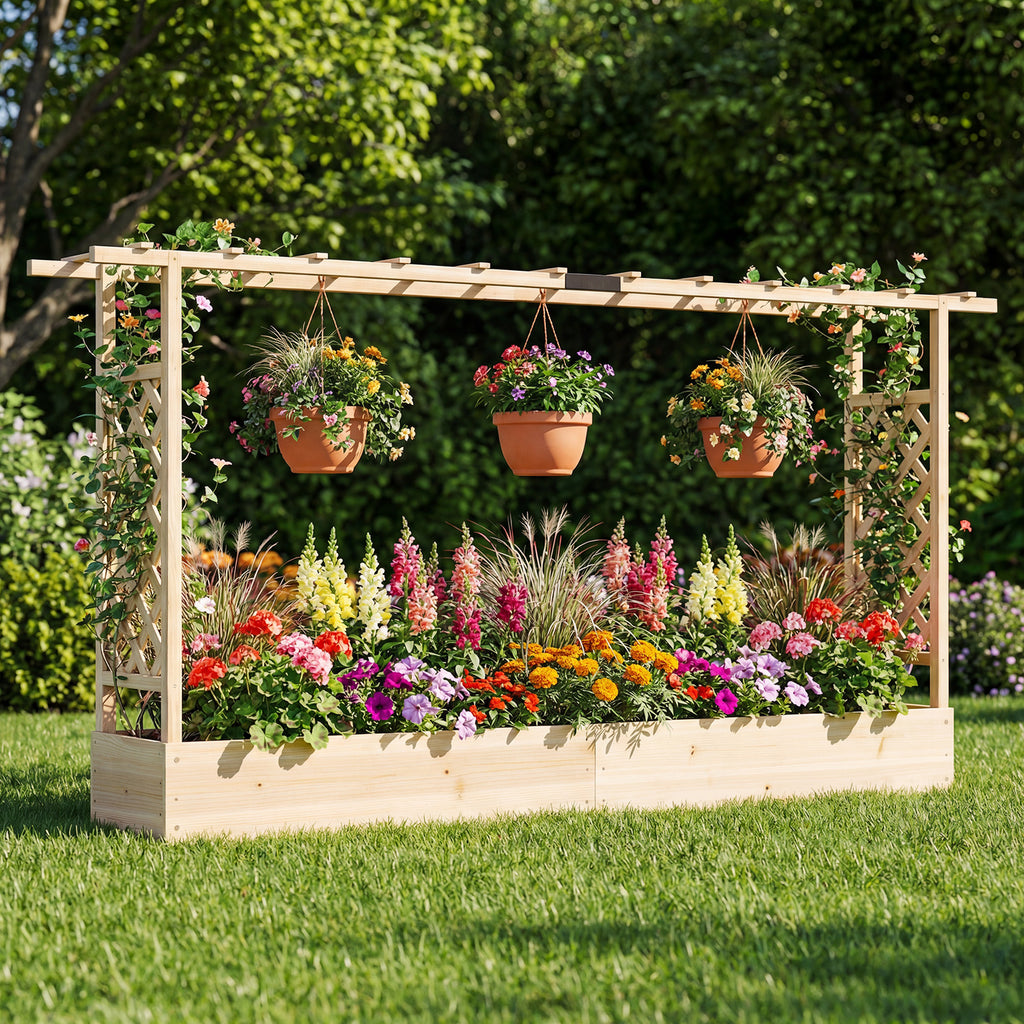 Jardinière surélevée en bois de 45 pouces de haut avec treillis latéral et toit suspendu, trous de drainage – Naturel