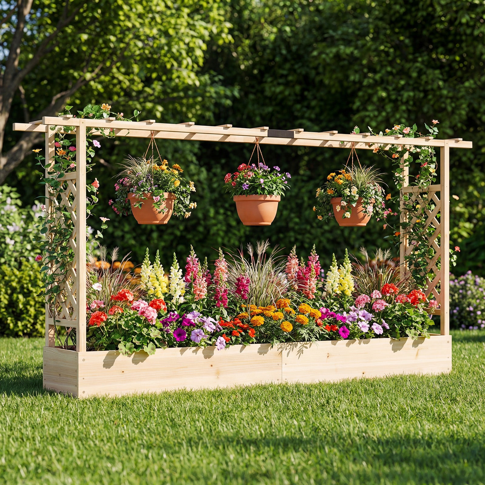 Jardinière surélevée en bois de 45 pouces de haut avec treillis latéral et toit suspendu, trous de drainage – Naturel