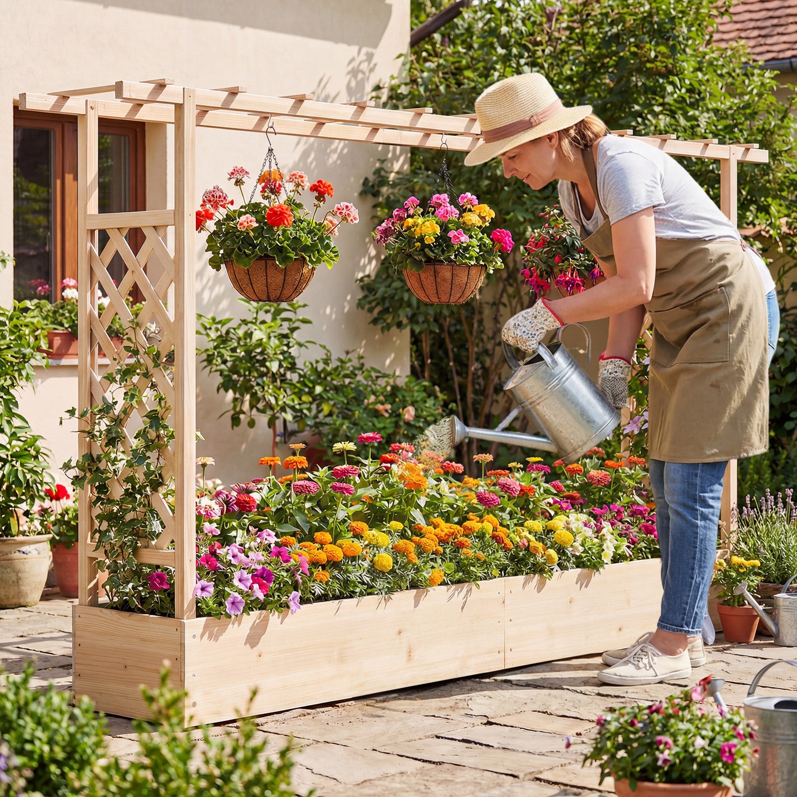Jardinière surélevée en bois de 45 pouces de haut avec treillis latéral et toit suspendu, trous de drainage – Naturel