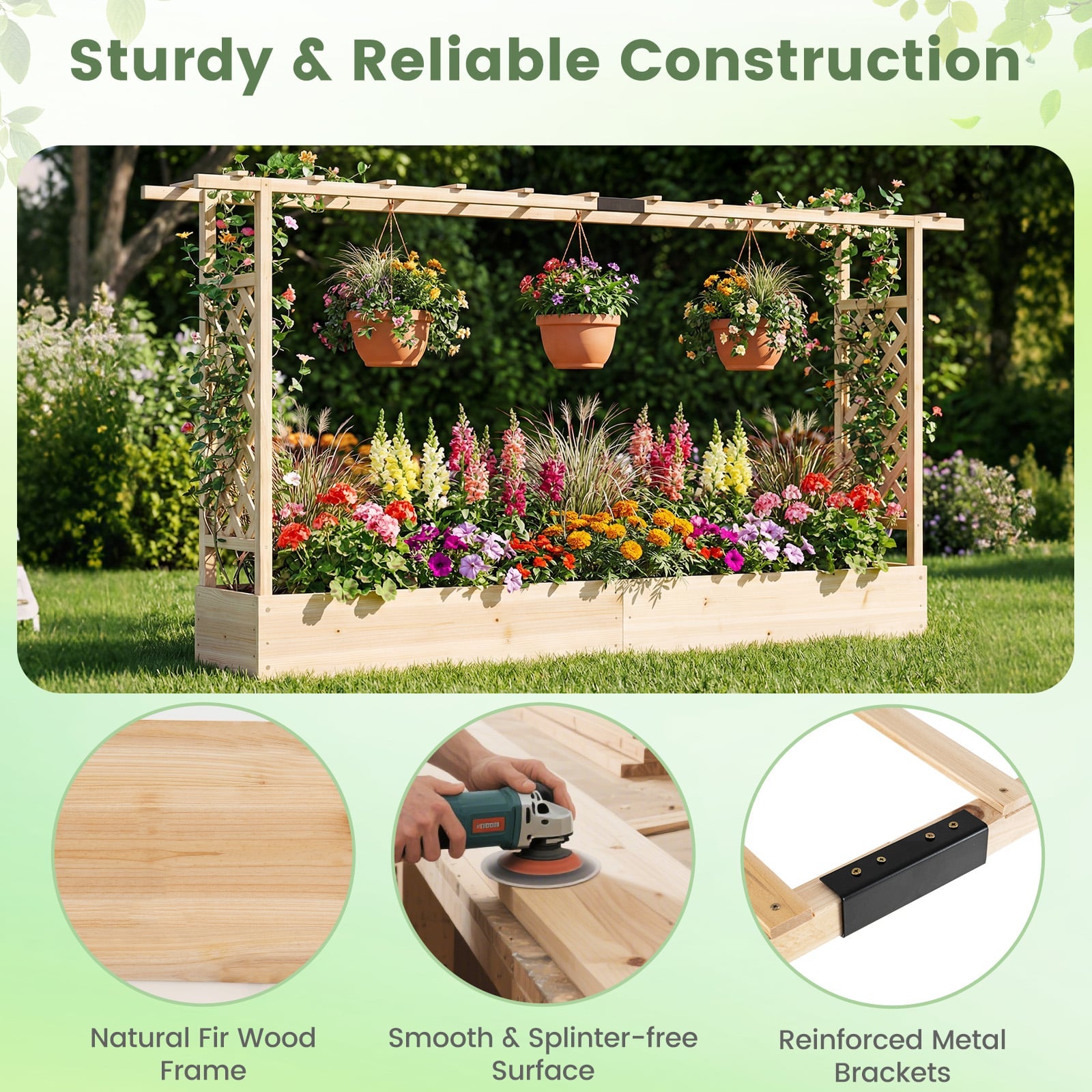 Jardinière surélevée en bois de 45 pouces de haut avec treillis latéral et toit suspendu, trous de drainage – Naturel