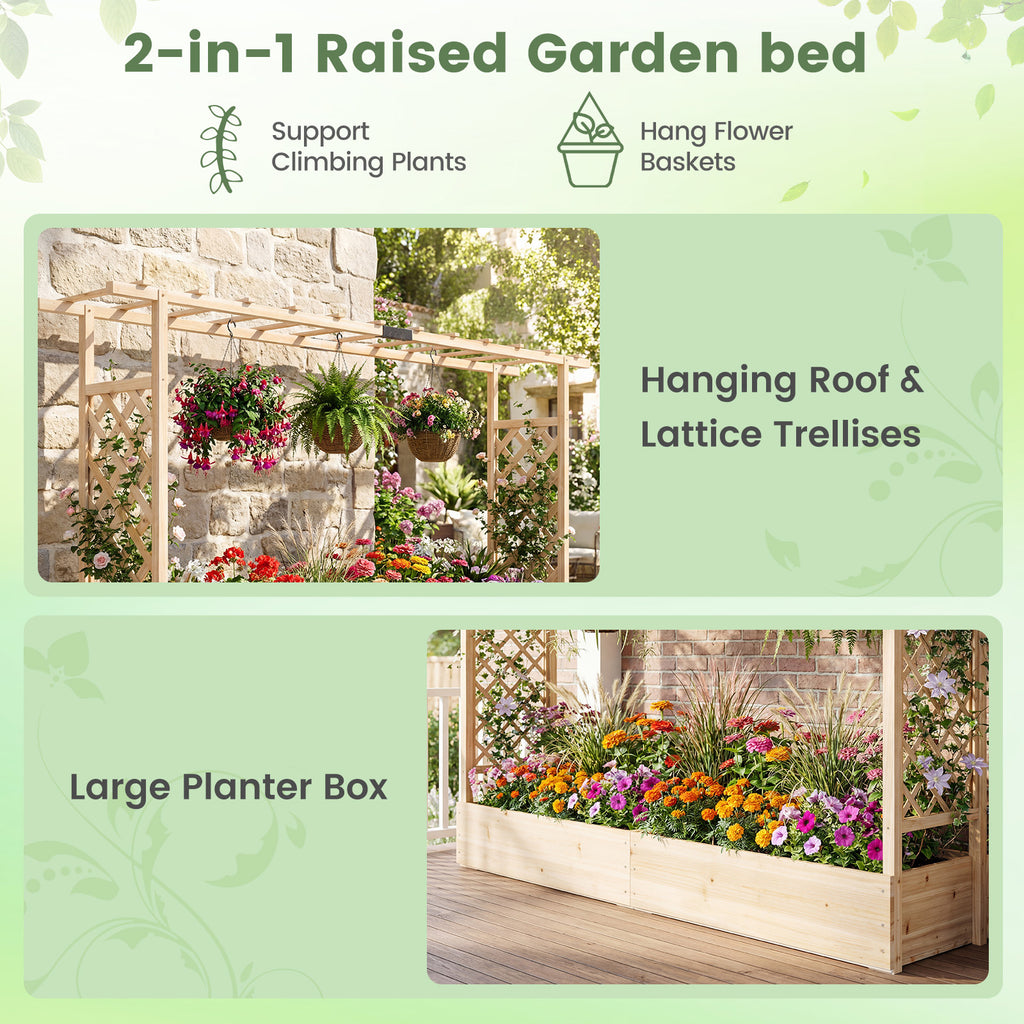 Jardinière surélevée en bois de 45 pouces de haut avec treillis latéral et toit suspendu, trous de drainage – Naturel
