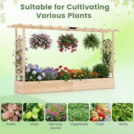 45 Inch Tall Wooden Raised Garden Bed with Side Trellis and Hanging Roof Drainage Holes-Natural