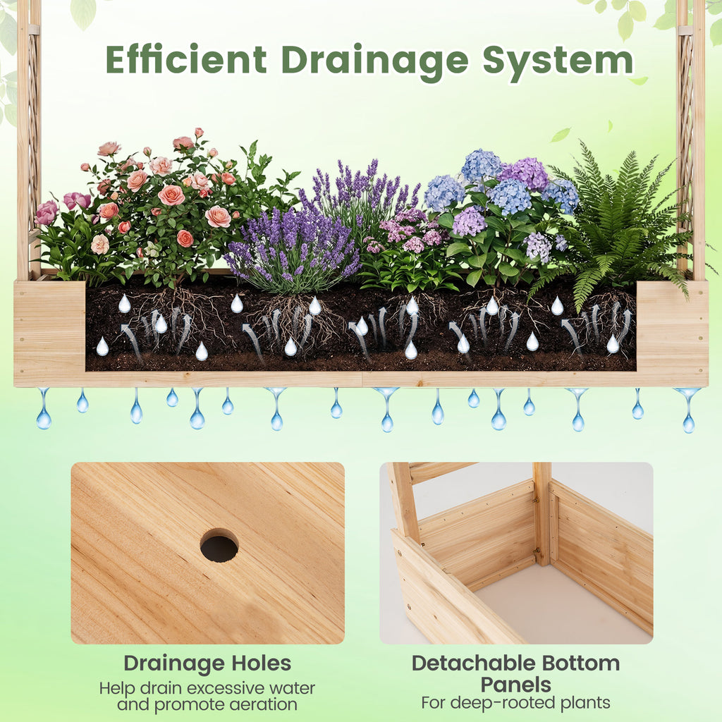 Jardinière surélevée en bois de 45 pouces de haut avec treillis latéral et toit suspendu, trous de drainage – Naturel