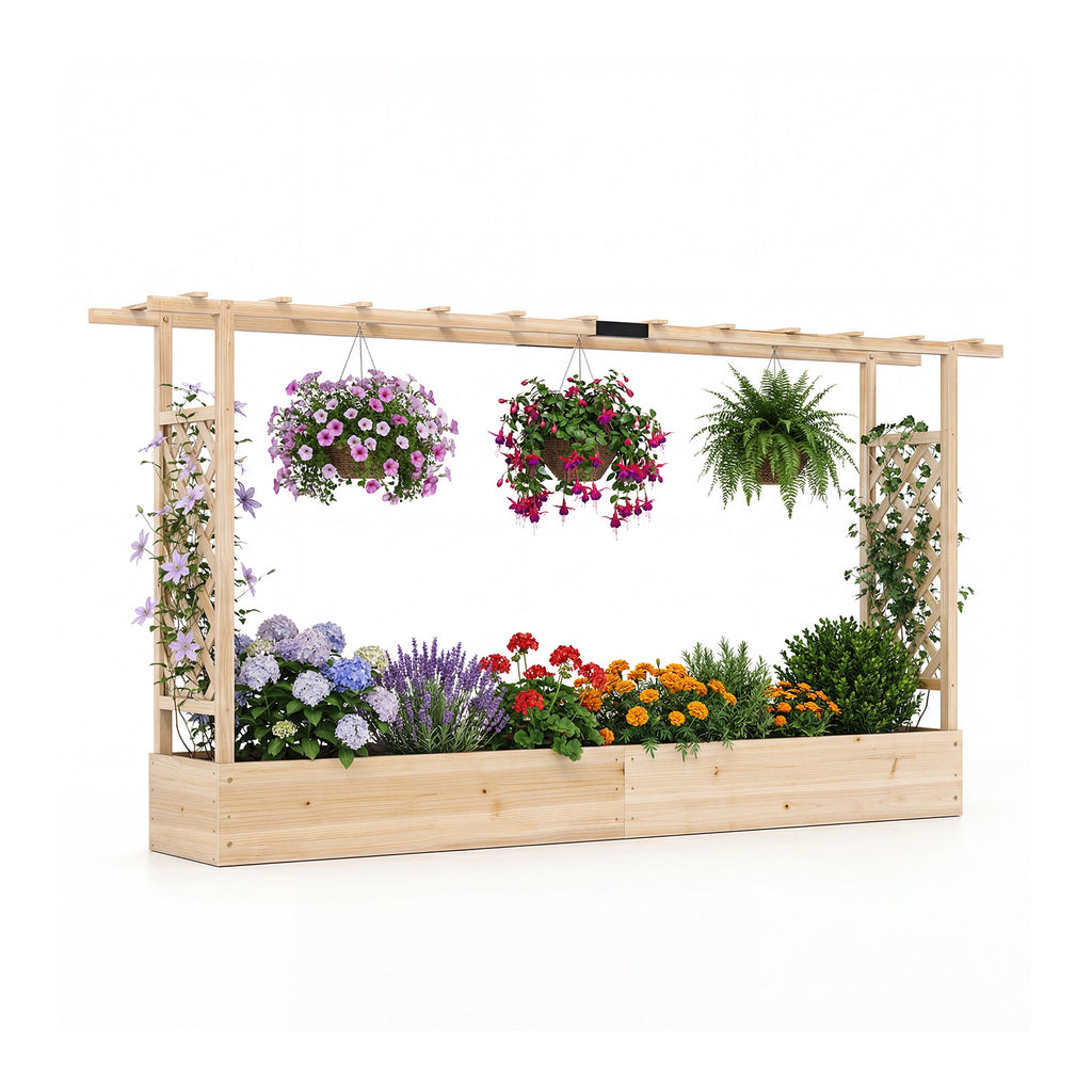 Jardinière surélevée en bois de 45 pouces de haut avec treillis latéral et toit suspendu, trous de drainage – Naturel
