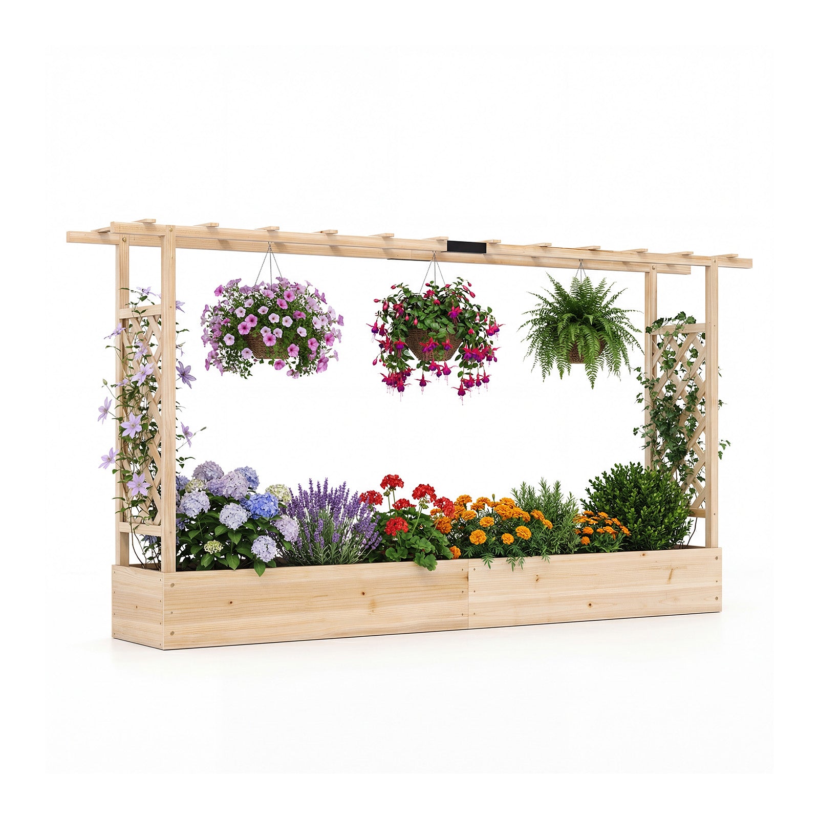 Jardinière surélevée en bois de 45 pouces de haut avec treillis latéral et toit suspendu, trous de drainage – Naturel